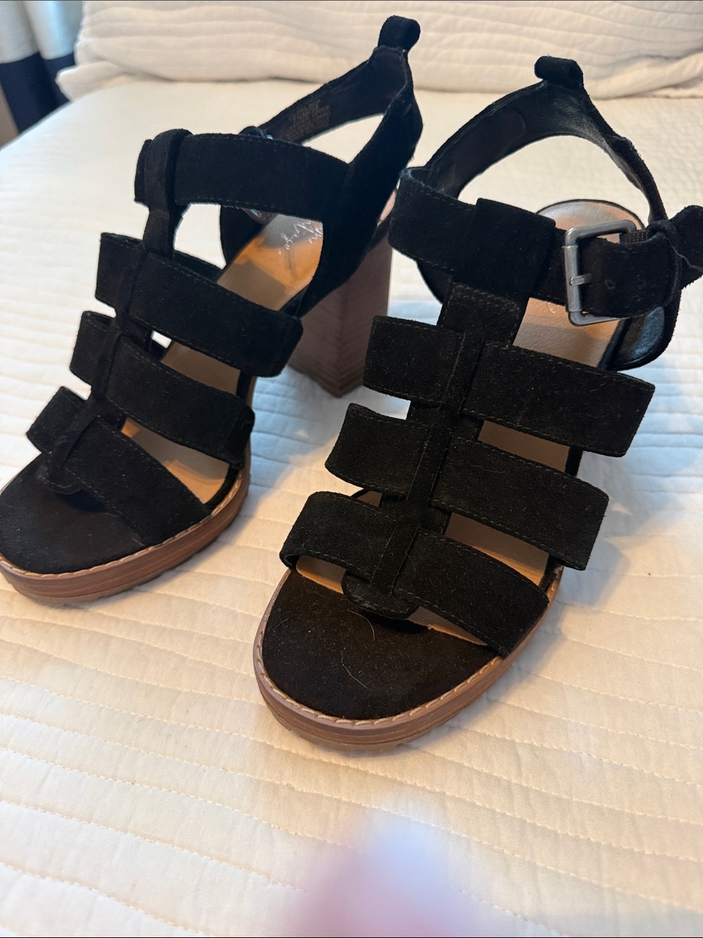Crown Vintage Black Suede Strappy Block Heel Sandals